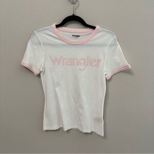 Wrangler White Baby Tee Pink Trim Logo Graphic Small